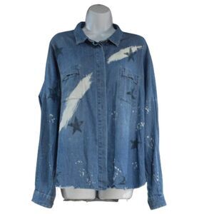 Lisa Todd Denim Button Up Shirt Size Large Blue Distressed Star Oversized Grunge